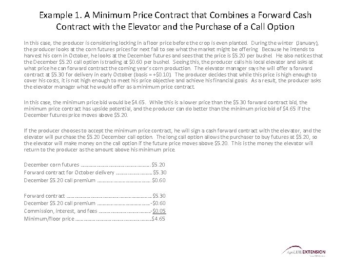 Example 1. A Minimum Price Contract that Combines a Forward Cash Contract with the Example 1. A Minimum Price Contract that Combines a Forward Cash Contract with the