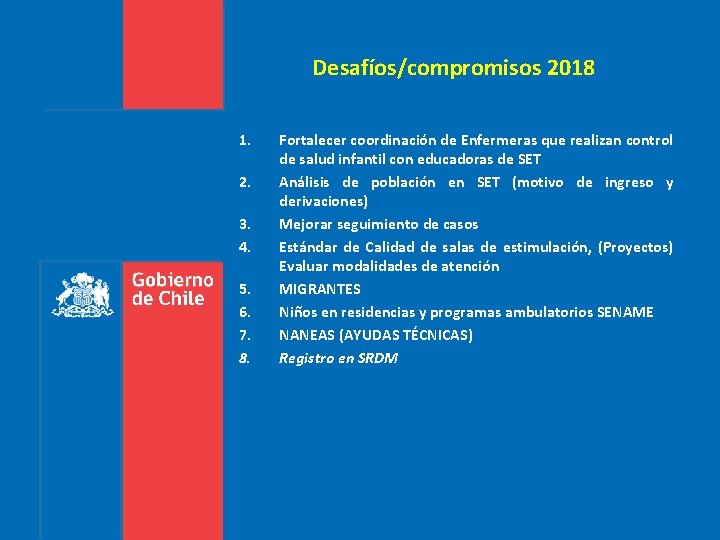 Desafíos/compromisos 2018 1. 2. 3. 4. 5. 6. 7. 8. Fortalecer coordinación de Enfermeras Desafíos/compromisos 2018 1. 2. 3. 4. 5. 6. 7. 8. Fortalecer coordinación de Enfermeras