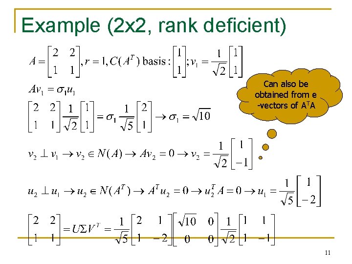Example (2 x 2, rank deficient) Can also be obtained from e -vectors of