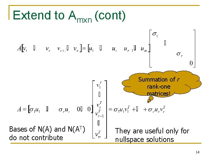 Extend to Amxn (cont) Summation of r rank-one matrices! Bases of N(A) and N(AT)