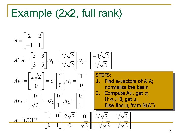 Example (2 x 2, full rank) STEPS: 1. Find e-vectors of ATA; normalize the