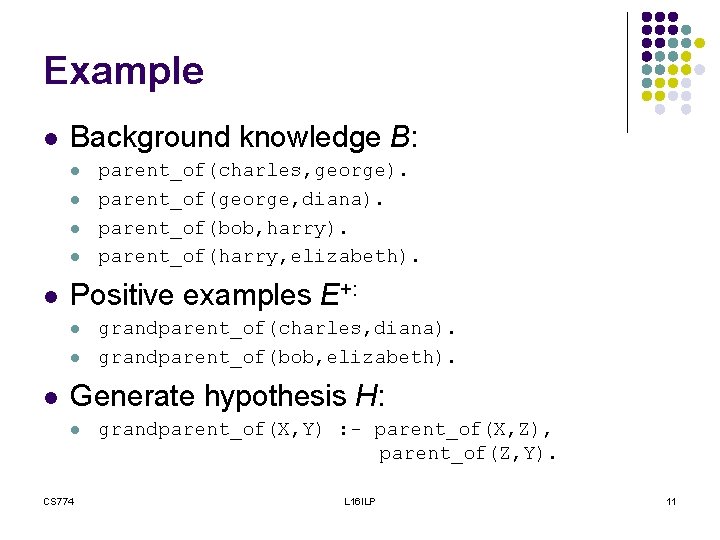 Example l Background knowledge B: l l l Positive examples E+: l l l