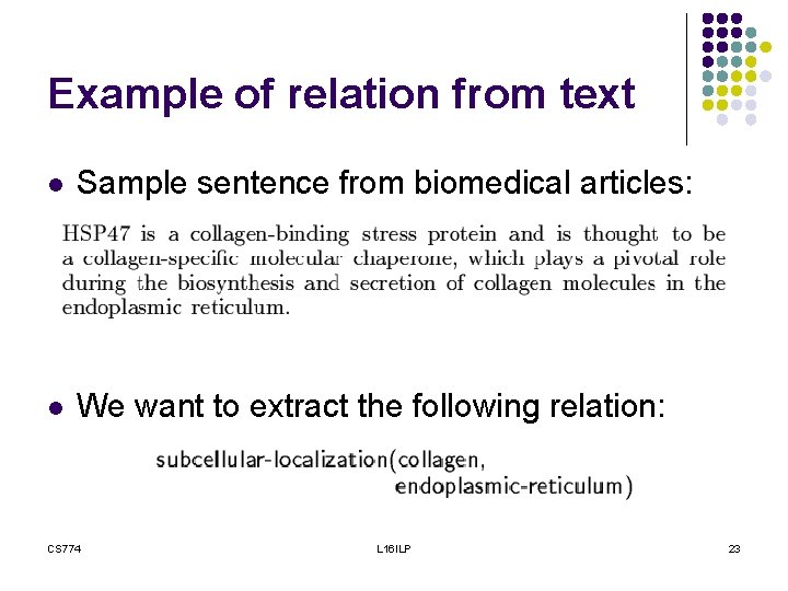 Example of relation from text l Sample sentence from biomedical articles: l We want