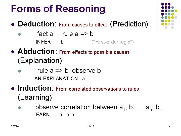 Forms of Reasoning l Deduction: From causes to effect (Prediction) l fact a, rule