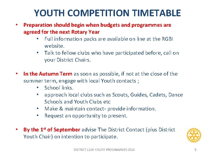 YOUTH COMPETITION TIMETABLE • Preparation should begin when budgets and programmes are agreed for