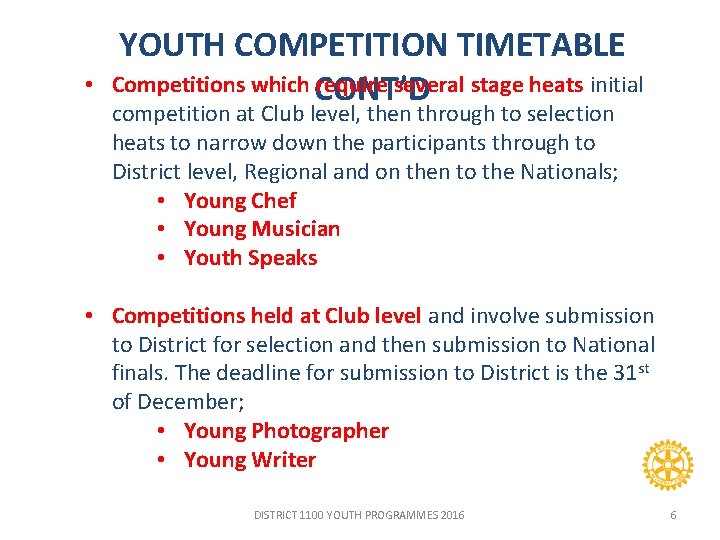  • YOUTH COMPETITION TIMETABLE Competitions which require several stage heats initial CONT’D competition