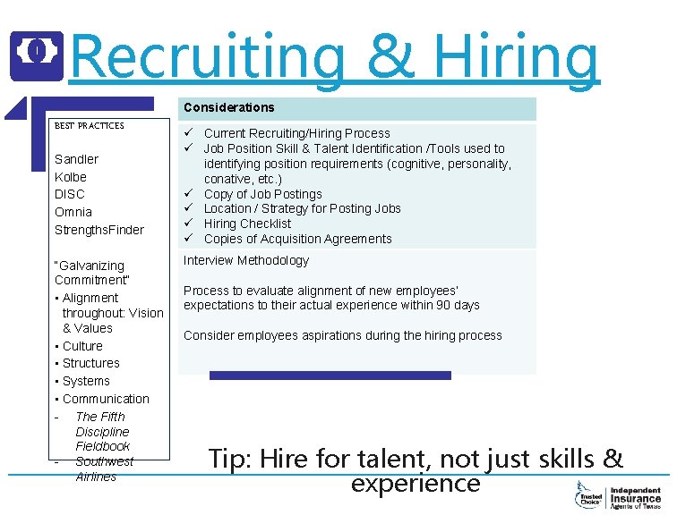 Recruiting & Hiring Considerations BEST PRACTICES Sandler Kolbe DISC Omnia Strengths. Finder “Galvanizing Commitment”