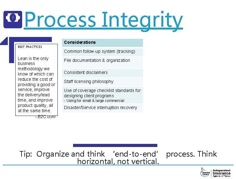 Process Integrity Considerations BEST PRACTICES Lean is the only business methodology we know of