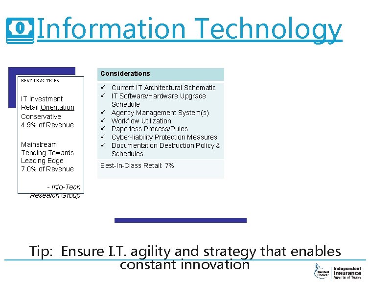 Information Technology Considerations BEST PRACTICES IT Investment Retail Orientation Conservative 4. 9% of Revenue