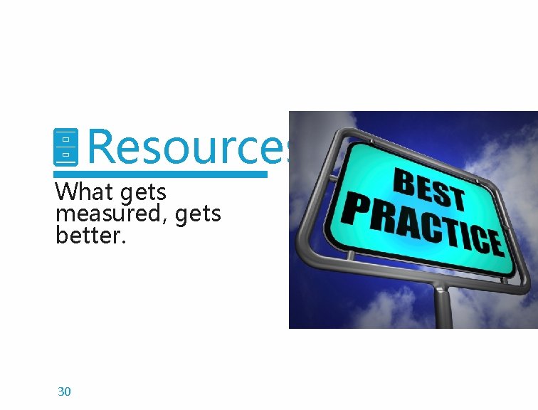 Resources What gets measured, gets better. 30 