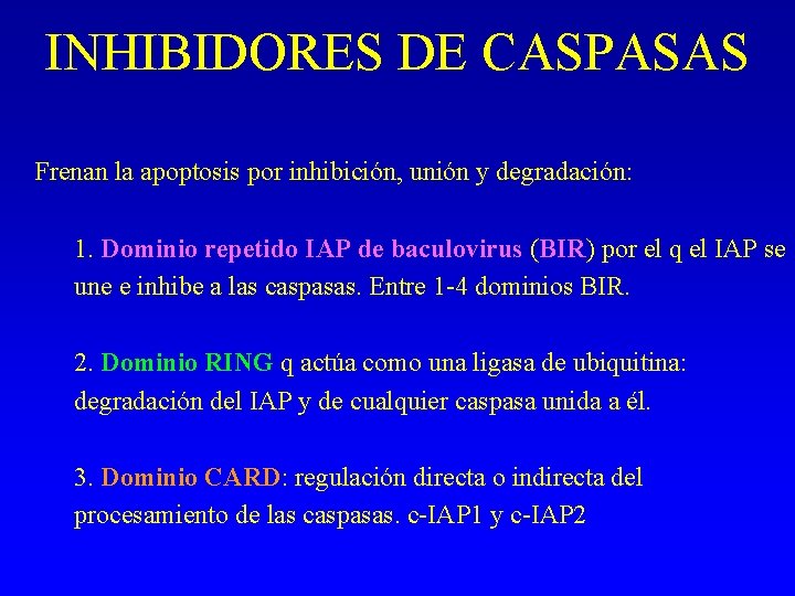 INHIBIDORES DE CASPASAS Frenan la apoptosis por inhibición, unión y degradación: 1. Dominio repetido INHIBIDORES DE CASPASAS Frenan la apoptosis por inhibición, unión y degradación: 1. Dominio repetido