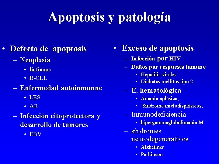 Apoptosis y patología • Defecto de apoptosis – Neoplasia • linfomas • B-CLL – Apoptosis y patología • Defecto de apoptosis – Neoplasia • linfomas • B-CLL –
