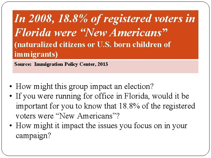 In 2008, 18. 8% of registered voters in Florida were “New Americans” (naturalized citizens In 2008, 18. 8% of registered voters in Florida were “New Americans” (naturalized citizens