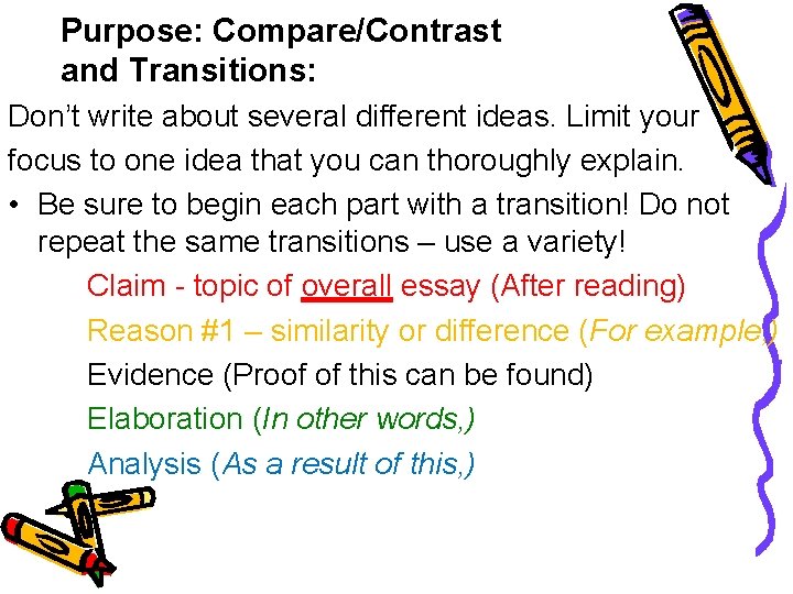 Purpose: Compare/Contrast and Transitions: Don’t write about several different ideas. Limit your focus to Purpose: Compare/Contrast and Transitions: Don’t write about several different ideas. Limit your focus to