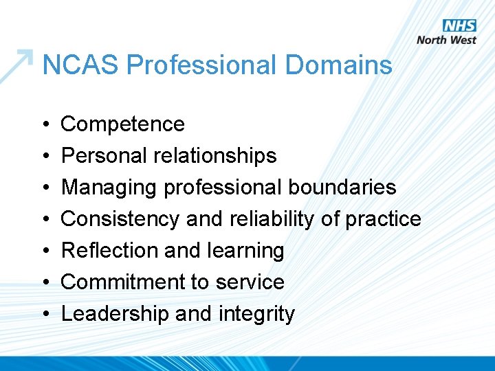 NCAS Professional Domains • • Competence Personal relationships Managing professional boundaries Consistency and reliability