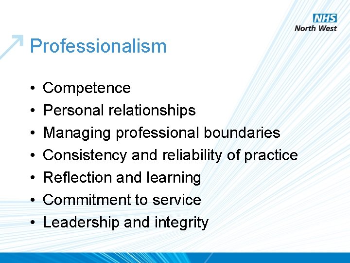 Professionalism • • Competence Personal relationships Managing professional boundaries Consistency and reliability of practice