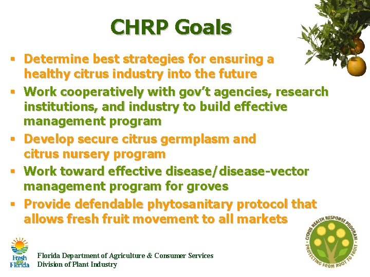 CHRP Goals § Determine best strategies for ensuring a healthy citrus industry into the CHRP Goals § Determine best strategies for ensuring a healthy citrus industry into the