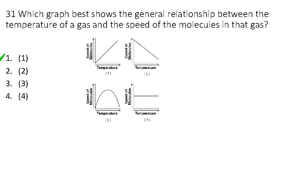 31 Which graph best shows the general relationship between the temperature of a gas