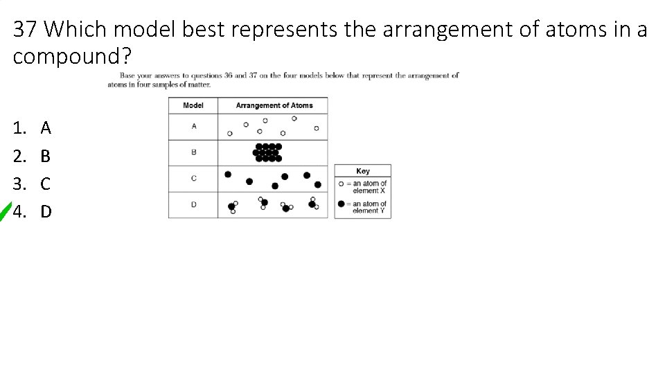 37 Which model best represents the arrangement of atoms in a compound? 1. 2.