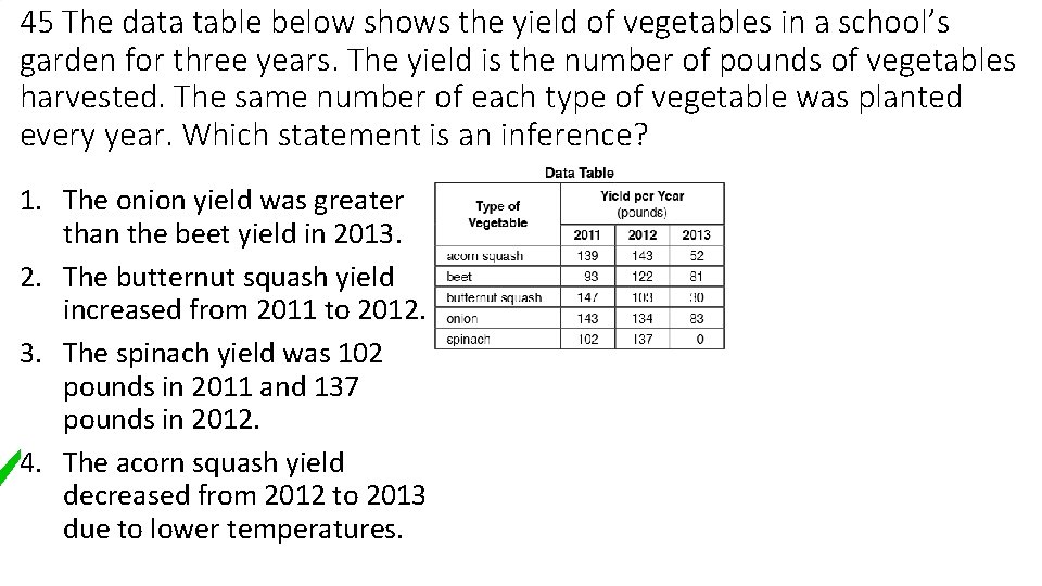 45 The data table below shows the yield of vegetables in a school’s garden