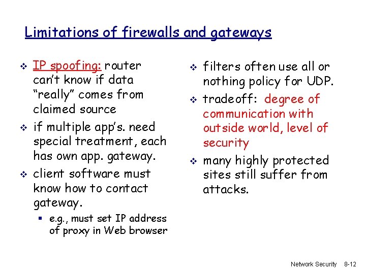Limitations of firewalls and gateways v v v IP spoofing: router can’t know if