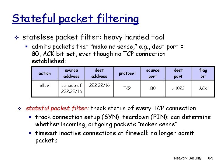 Stateful packet filtering v stateless packet filter: heavy handed tool § admits packets that