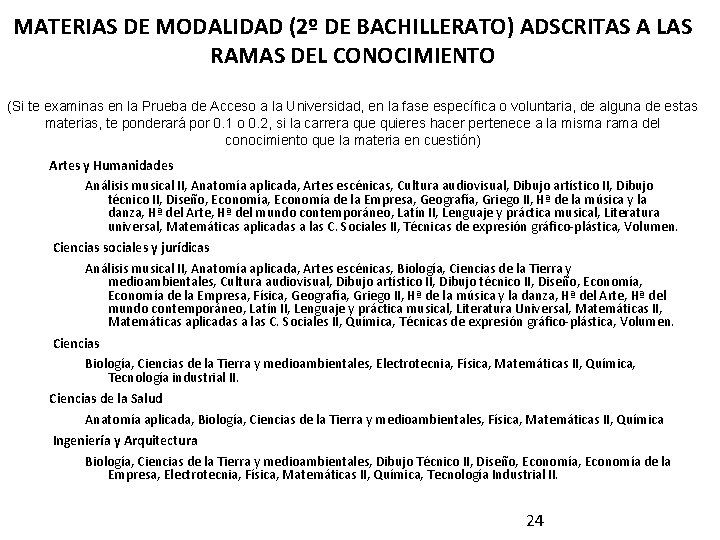 MATERIAS DE MODALIDAD (2º DE BACHILLERATO) ADSCRITAS A LAS RAMAS DEL CONOCIMIENTO (Si te