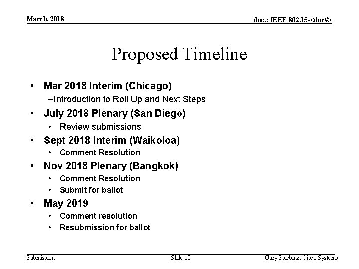 March, 2018 doc. : IEEE 802. 15 -<doc#> Proposed Timeline • Mar 2018 Interim