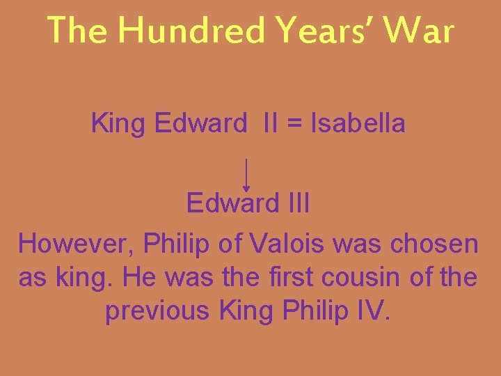 The Hundred Years’ War King Edward II = Isabella Edward III However, Philip of