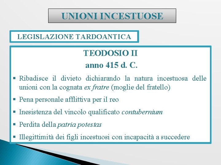 UNIONI INCESTUOSE LEGISLAZIONE TARDOANTICA TEODOSIO II anno 415 d. C. § Ribadisce il divieto