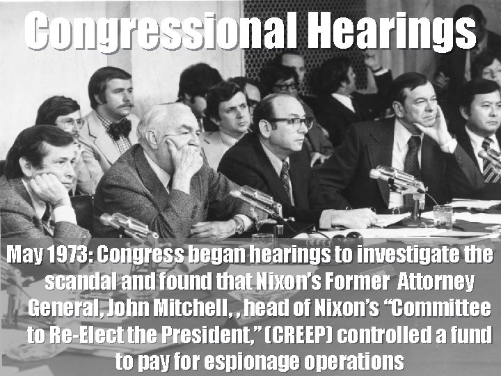 Congressional Hearings May 1973: Congress began hearings to investigate the scandal and found that