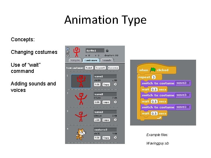 Animation Type Concepts: Changing costumes Use of “wait” command Adding sounds and voices Example