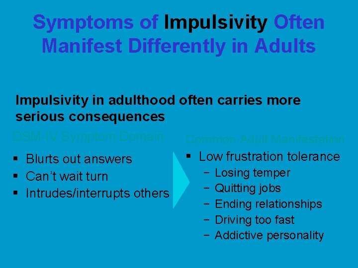 Symptoms of Impulsivity Often Manifest Differently in Adults Impulsivity in adulthood often carries more Symptoms of Impulsivity Often Manifest Differently in Adults Impulsivity in adulthood often carries more