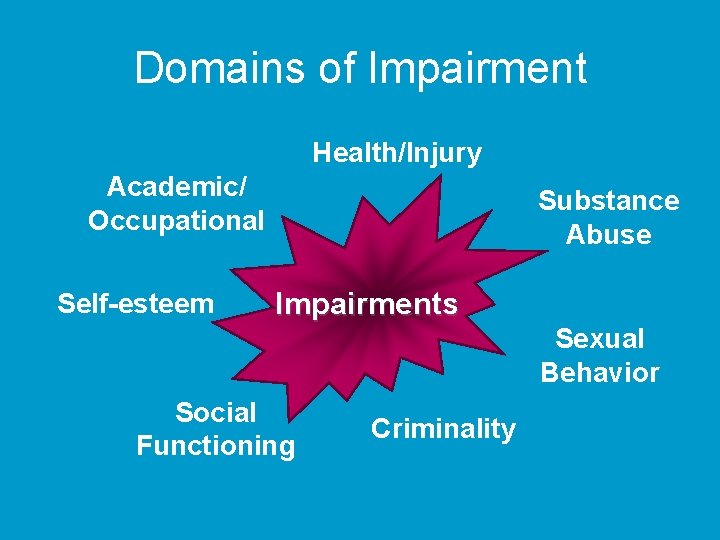 Domains of Impairment Health/Injury Academic/ Occupational Self-esteem Substance Abuse Impairments Sexual Behavior Social Functioning