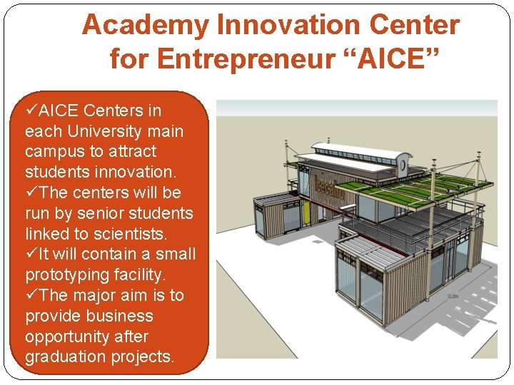 Academy Innovation Center for Entrepreneur “AICE” üAICE Centers in each University main campus to