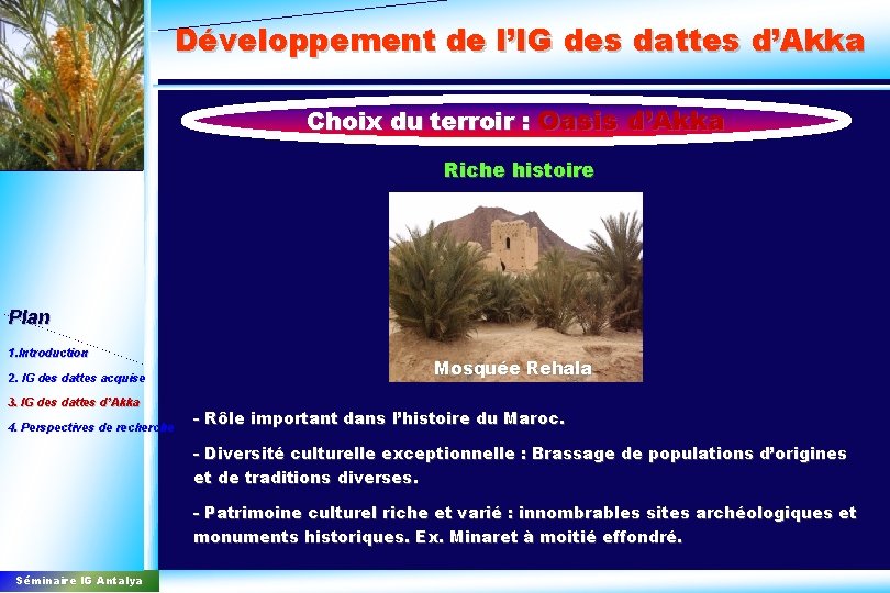 Développement de l’IG des dattes d’Akka Choix du terroir : Oasis d’Akka Riche histoire