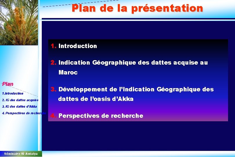 Plan de la présentation 1. Introduction 2. Indication Géographique des dattes acquise au Maroc
