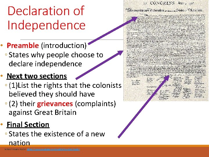 Declaration of Independence • Preamble (introduction) ◦ States why people choose to declare independence