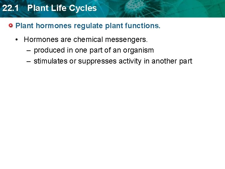 22. 1 Plant Life Cycles Plant hormones regulate plant functions. • Hormones are chemical