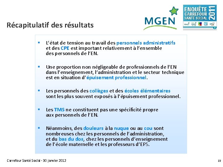 Récapitulatif des résultats § L’état de tension au travail des personnels administratifs et des