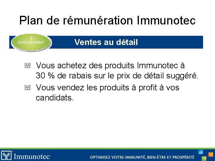 Plan de rémunération Immunotec Ventes au détail Vous achetez des produits Immunotec à 30