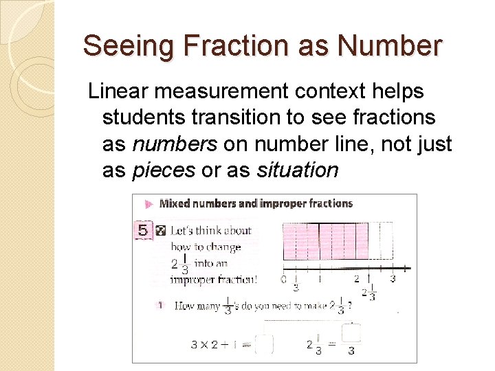 Seeing Fraction as Number Linear measurement context helps students transition to see fractions as