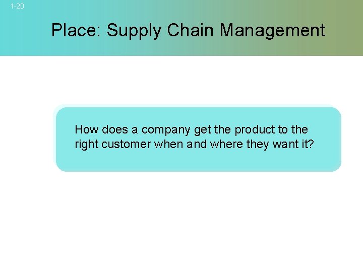 1 -20 Place: Supply Chain Management How does a company get the product to