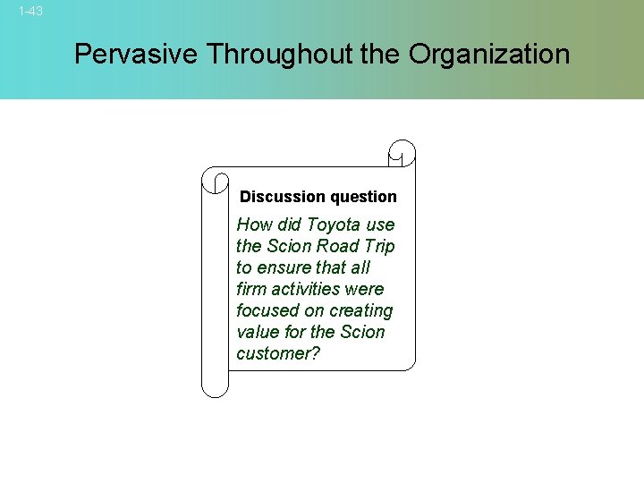 1 -43 Pervasive Throughout the Organization Discussion question How did Toyota use the Scion