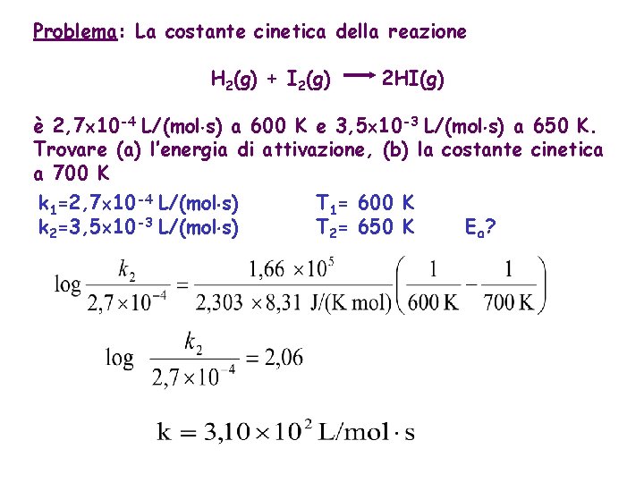 Problema: La costante cinetica della reazione H 2(g) + I 2(g) 2 HI(g) è