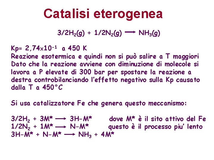 Catalisi eterogenea 3/2 H 2(g) + 1/2 N 2(g) NH 3(g) Kp= 2, 74