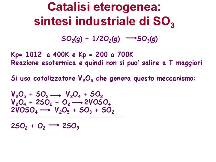 Catalisi eterogenea: sintesi industriale di SO 3 SO 2(g) + 1/2 O 2(g) SO
