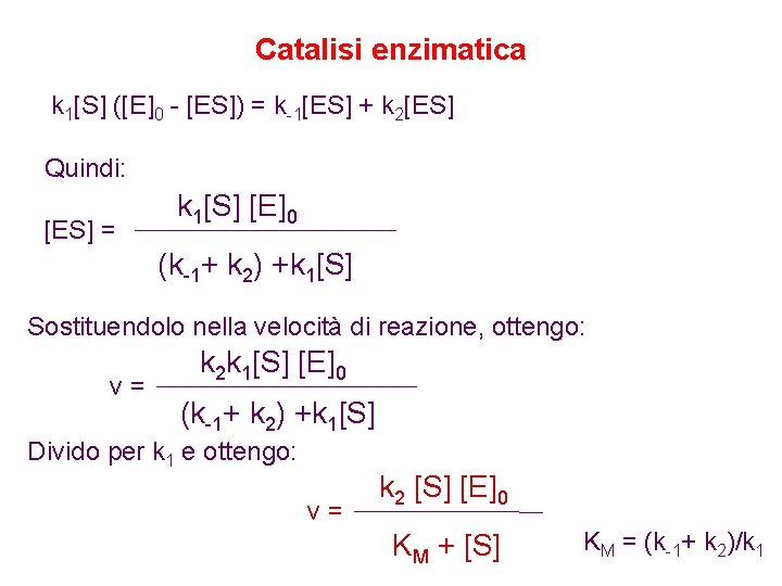 Catalisi enzimatica k 1[S] ([E]0 - [ES]) = k-1[ES] + k 2[ES] Quindi: [ES]