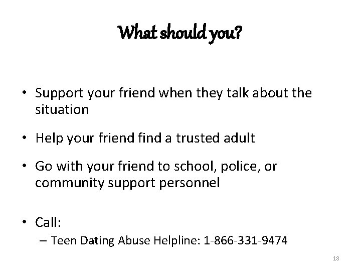 What should you? • Support your friend when they talk about the situation •