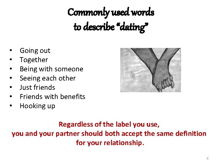 Commonly used words to describe “dating” • • Going out Together Being with someone